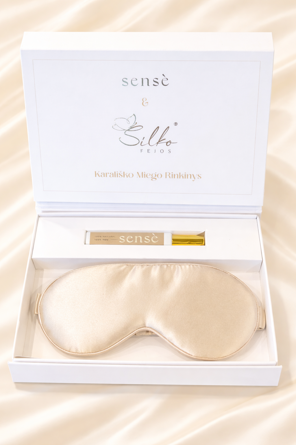 Karališkas-miego-rinkinys-natūralus-šilkas-šampaninė-spalva-miego-kaukė-šilko-fėjos