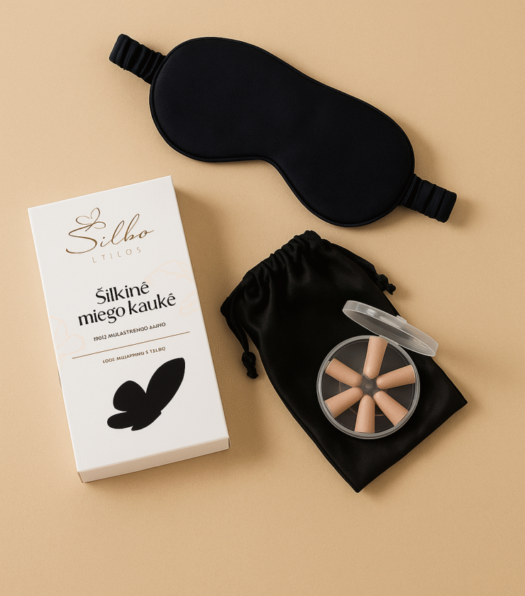 Šilkinė miego kaukė + kelioninis maišelis + ausų kištukai